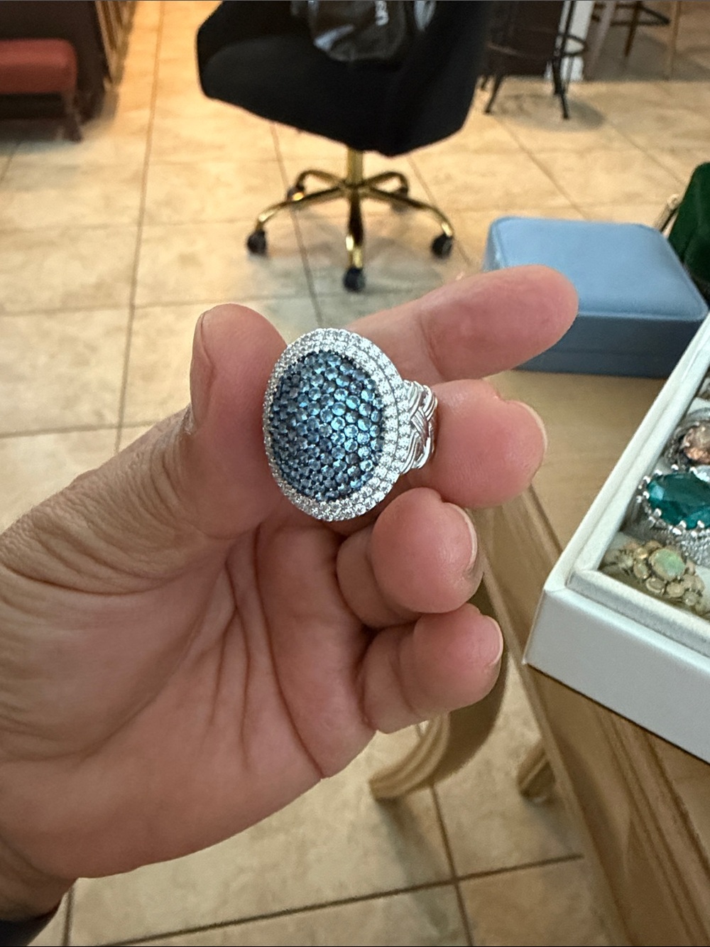Blue Pavé Statement Ring with Silver Tone